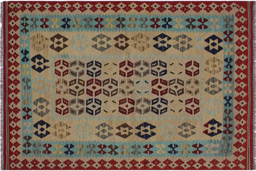 Flat Weave Kilim, Antique, Navaho, Vintage, Handmade, Modern Kilim Tan Red Hand-Woven Rectangle 100% Wool Area Rug 5 x 7